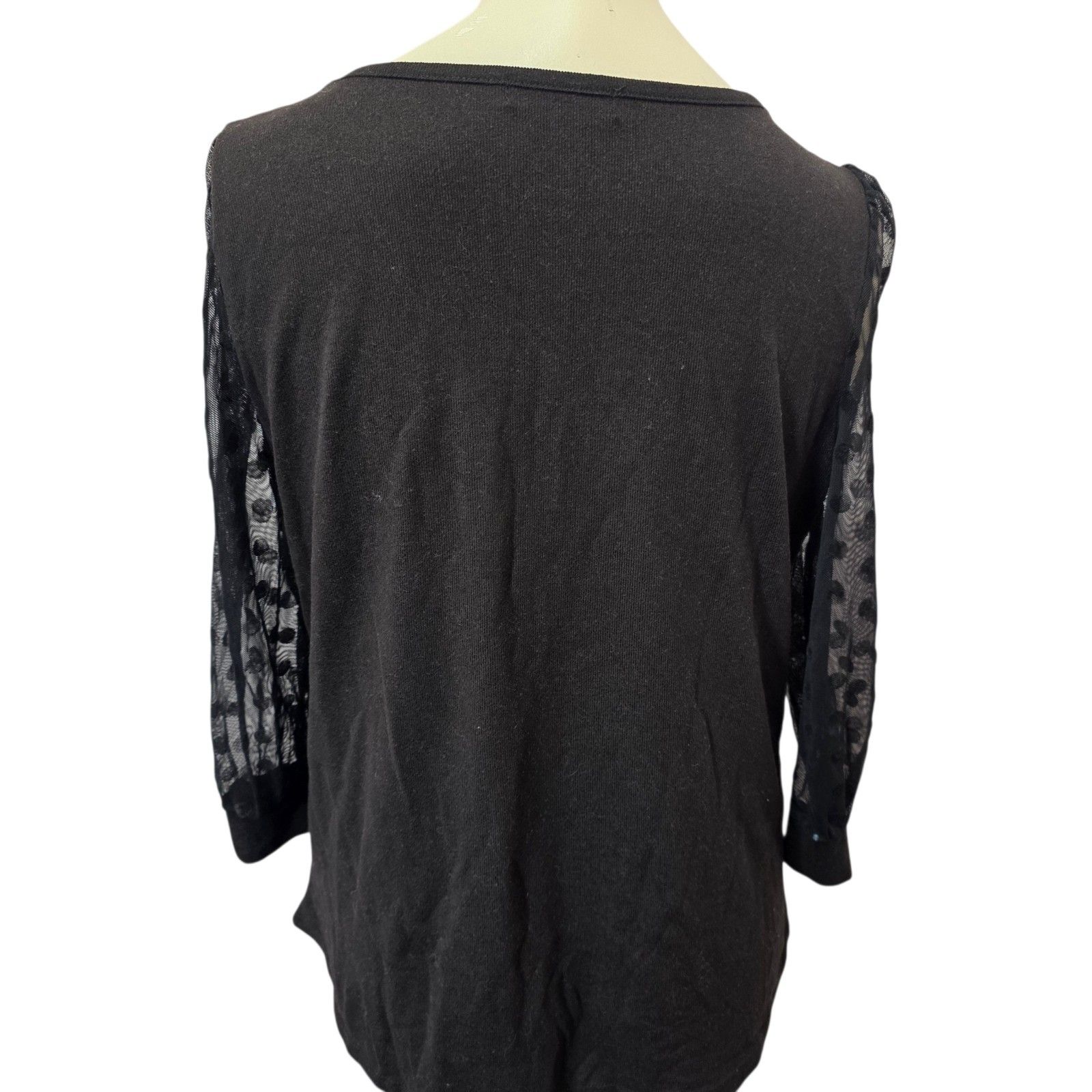 89th + Madison Womens L Black Mesh Swiss Dot Sleeve Grommet Neck Knit Top Euc — image 3 of 4